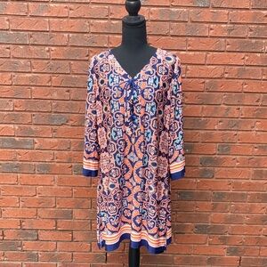 Navy & Coral Patterned V-Neck Tunic Dress